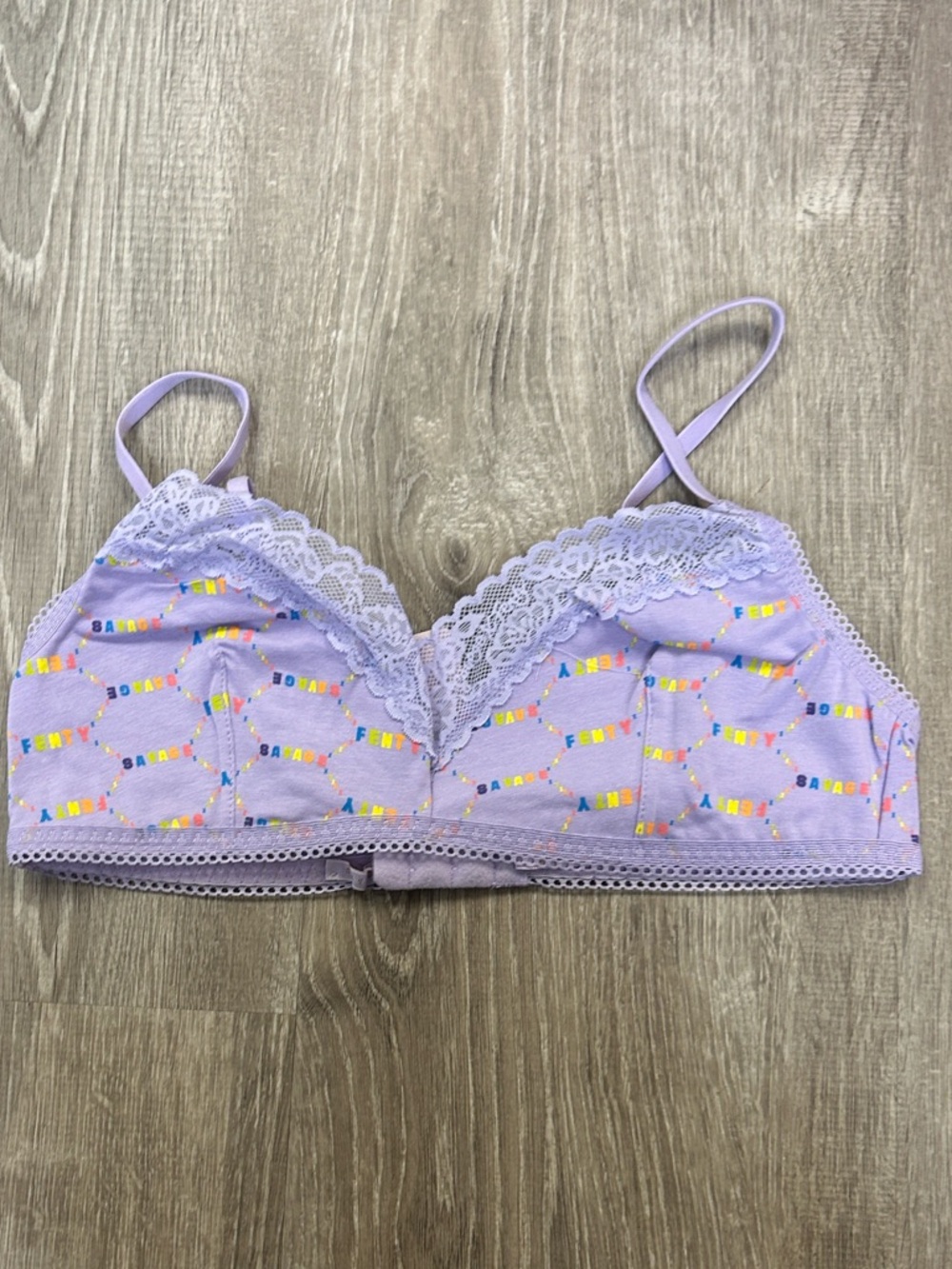 NWT Savage x Fenty Women's Bralette Lavender Cotton Rainbow Logo Lace